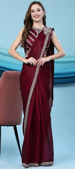 Reception, Wedding Red and Maroon color Readymade Saree in Satin Silk fabric with Classic Embroidered, Sequence, Thread work : 1935877