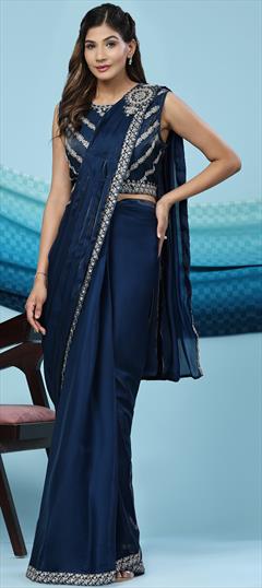 Reception, Wedding Blue color Readymade Saree in Satin Silk fabric with Classic Embroidered, Sequence, Thread work : 1935878