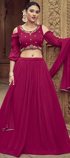 Bridal, Reception, Wedding Pink and Majenta color Ready to Wear Lehenga in Georgette fabric with Flared Bugle Beads, Sequence, Thread work : 1935881