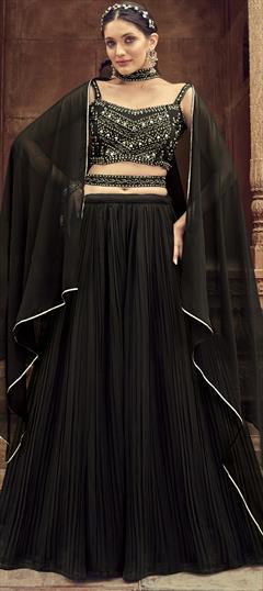 Bridal, Reception, Wedding Black and Grey color Ready to Wear Lehenga in Georgette fabric with Flared Cut Dana, Embroidered, Mirror, Stone work : 1935882