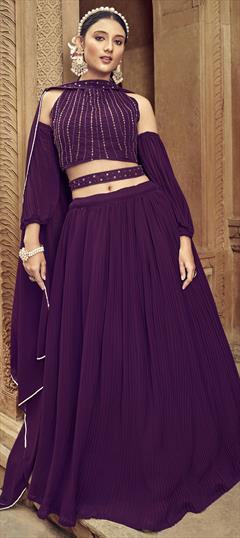 Bridal, Reception, Wedding Purple and Violet color Ready to Wear Lehenga in Georgette fabric with Flared Bugle Beads, Sequence, Thread work : 1935883