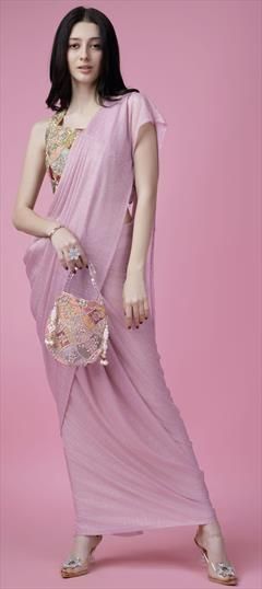 Engagement, Reception, Wedding Pink and Majenta color Readymade Saree in Lycra fabric with Classic Embroidered, Sequence, Thread work : 1935885
