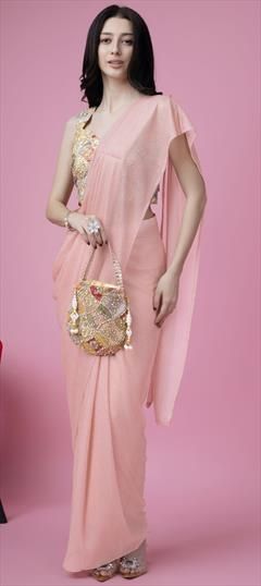 Engagement, Reception, Wedding Pink and Majenta color Readymade Saree in Lycra fabric with Classic Embroidered, Sequence, Thread work : 1935886