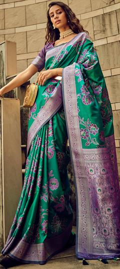 Party Wear, Traditional, Wedding Green color Saree in Satin Silk fabric with South Weaving, Zari work : 1935898