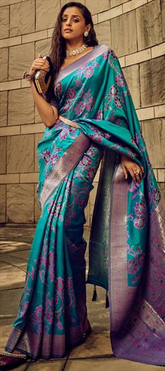 Party Wear, Traditional, Wedding Green color Saree in Satin Silk fabric with South Weaving, Zari work : 1935902