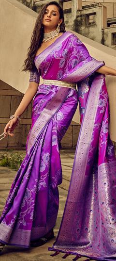 Party Wear, Traditional, Wedding Purple and Violet color Saree in Satin Silk fabric with South Weaving, Zari work : 1935904