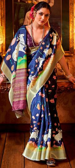 Party Wear, Traditional Blue color Saree in Art Silk fabric with South Printed, Weaving work : 1935914
