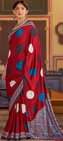 Festive, Party Wear, Traditional Red and Maroon color Saree in Satin Silk fabric with South Printed work : 1935930