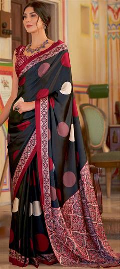 Festive, Party Wear, Traditional Black and Grey color Saree in Satin Silk fabric with South Printed work : 1935936
