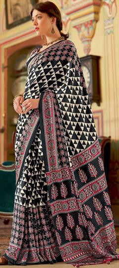 Festive, Party Wear, Traditional Black and Grey, White and Off White color Saree in Satin Silk fabric with South Printed work : 1935939