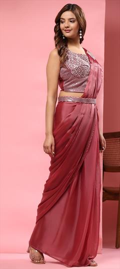 Festive, Reception, Wedding Red and Maroon color Readymade Saree in Satin Silk fabric with Classic Patch work : 1935943