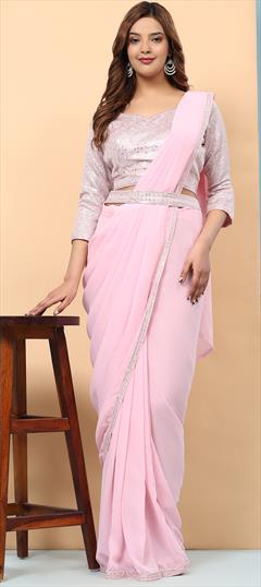 Engagement, Festive, Reception Pink and Majenta color Readymade Saree in Georgette fabric with Classic Embroidered, Sequence, Thread work : 1935953