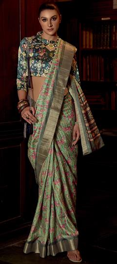 Party Wear, Traditional Green color Saree in Art Silk, Silk fabric with South Floral, Printed work : 1935957