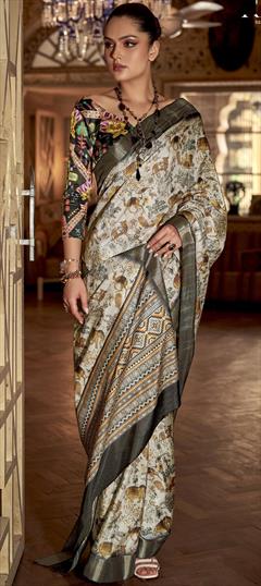 Party Wear, Traditional White and Off White color Saree in Art Silk, Silk fabric with South Floral, Printed work : 1935960