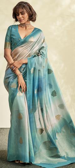 Party Wear, Traditional Blue color Saree in Handloom fabric with Bengali Weaving work : 1935965
