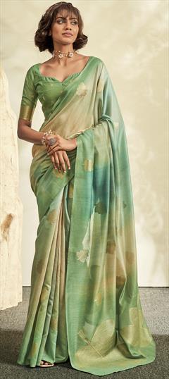 Party Wear, Traditional Green color Saree in Handloom fabric with Bengali Weaving work : 1935968