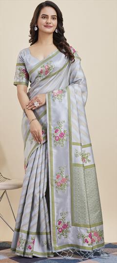 Traditional Black and Grey color Saree in Banarasi Silk fabric with South Floral, Printed, Weaving work : 1935976
