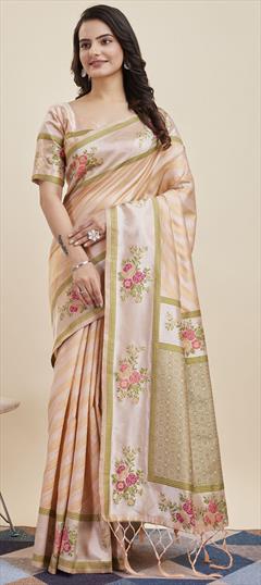 Traditional Beige and Brown color Saree in Banarasi Silk fabric with South Floral, Printed, Weaving work : 1935977