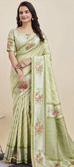 Traditional Green color Saree in Banarasi Silk fabric with South Floral, Printed, Weaving work : 1935978