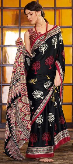 Festive, Traditional Black and Grey color Saree in Satin Silk, Silk fabric with South Printed work : 1935982