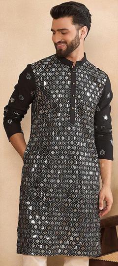 Party Wear Black and Grey color Kurta in Rayon fabric with Embroidered, Sequence, Thread work : 1936008