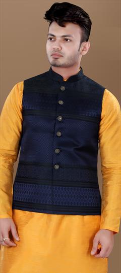 Party Wear Blue color Nehru Jacket in Jacquard fabric with Weaving work : 1936113