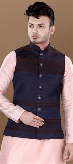 Party Wear Blue color Nehru Jacket in Jacquard fabric with Weaving work : 1936115
