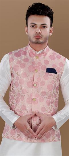 Party Wear Pink and Majenta color Nehru Jacket in Brocade fabric with Weaving work : 1936116