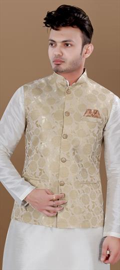 Party Wear Yellow color Nehru Jacket in Brocade fabric with Weaving work : 1936117