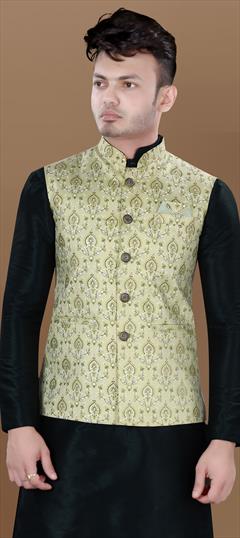 Party Wear Green color Nehru Jacket in Brocade fabric with Weaving work : 1936118