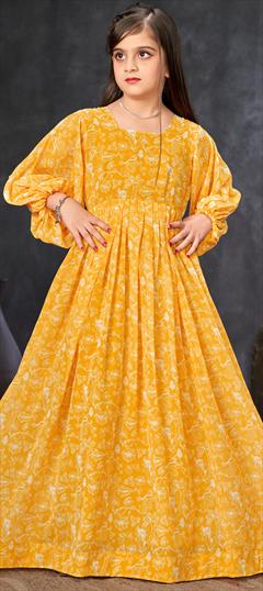 Festive, Summer Yellow color Girls Gown in Georgette fabric with Digital Print work : 1936348
