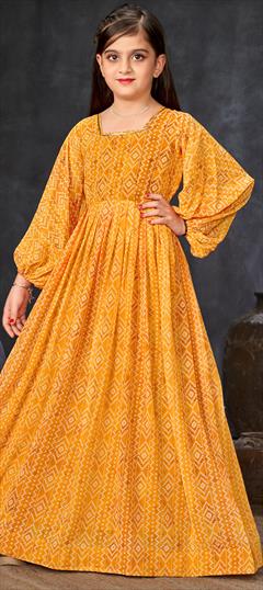 Festive, Summer Yellow color Girls Gown in Georgette fabric with Digital Print work : 1936361