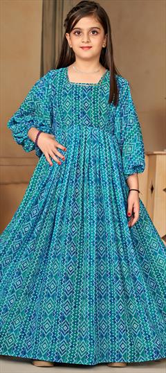 Festive, Summer Blue color Girls Gown in Georgette fabric with Digital Print work : 1936399