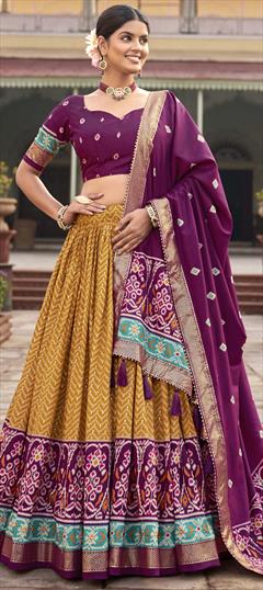 Festive, Reception, Traditional Yellow color Lehenga in Tussar Silk fabric with Flared Foil Print work : 1936416