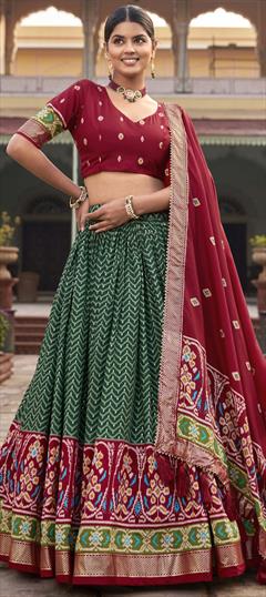 Festive, Reception, Traditional Green color Lehenga in Tussar Silk fabric with Flared Foil Print work : 1936418