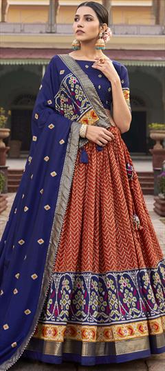 Festive, Reception, Traditional Orange color Lehenga in Tussar Silk fabric with Flared Foil Print work : 1936419