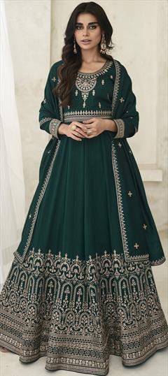 Festive, Mehendi Sangeet, Reception Green color Gown in Silk fabric with Embroidered, Thread, Zari work : 1936436