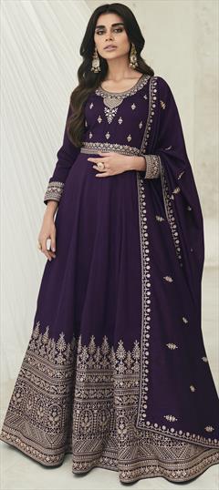 Festive, Mehendi Sangeet, Reception Purple and Violet color Gown in Silk fabric with Embroidered, Thread, Zari work : 1936437