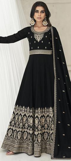Festive, Mehendi Sangeet, Reception Black and Grey color Gown in Silk fabric with Embroidered, Thread, Zari work : 1936438