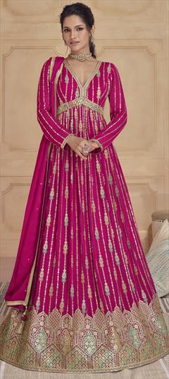 Engagement, Festive, Reception Pink and Majenta color Gown in Georgette fabric with Embroidered, Sequence, Thread work : 1936439