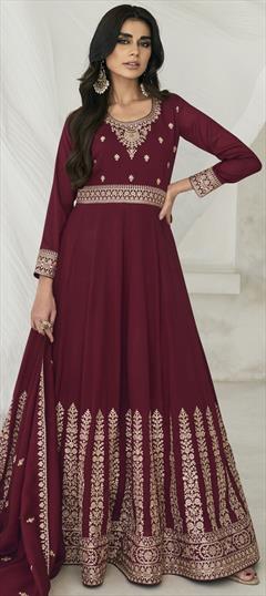 Festive, Mehendi Sangeet, Reception Red and Maroon color Gown in Silk fabric with Embroidered, Thread, Zari work : 1936440