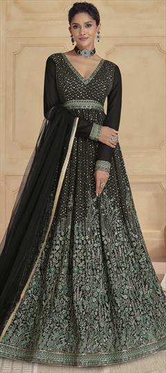 Engagement, Festive, Reception Black and Grey color Gown in Georgette fabric with Embroidered, Sequence, Thread work : 1936442