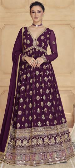 Engagement, Festive, Reception Purple and Violet color Gown in Georgette fabric with Embroidered, Sequence, Thread work : 1936443