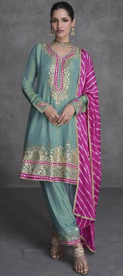 Mehendi Sangeet, Reception, Wedding Green color Salwar Kameez in Organza Silk fabric with Anarkali, Palazzo Embroidered, Mirror, Sequence, Thread, Zari work : 1936449