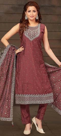 Festive, Party Wear, Reception Red and Maroon color Salwar Kameez in Chanderi Silk fabric with Straight Embroidered, Resham, Sequence, Thread work : 1936456