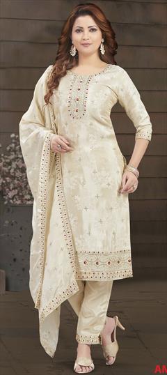 Festive, Party Wear, Reception Beige and Brown color Salwar Kameez in Banarasi Silk fabric with Straight Embroidered, Resham, Sequence, Thread work : 1936457