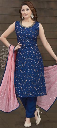 Festive, Party Wear, Reception Blue color Salwar Kameez in Silk fabric with Straight Embroidered, Resham, Sequence, Thread work : 1936460