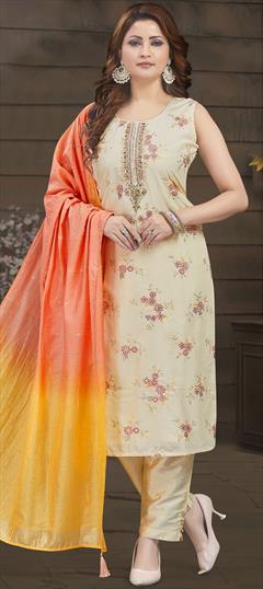 Festive, Party Wear, Reception White and Off White color Salwar Kameez in Chanderi Silk fabric with Straight Embroidered, Resham, Sequence, Thread work : 1936461