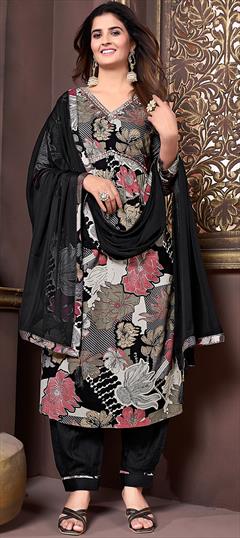 Festive, Party Wear, Reception Black and Grey color Salwar Kameez in Rayon fabric with A Line Embroidered, Floral, Printed, Thread work : 1936467