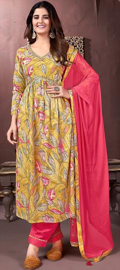 Festive, Party Wear, Reception Yellow color Salwar Kameez in Rayon fabric with A Line Embroidered, Printed work : 1936468